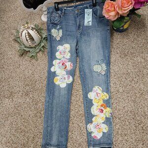 3798 Size 14 Upcycled Westport Appliqued and Embroidered Straight leg Jeans.